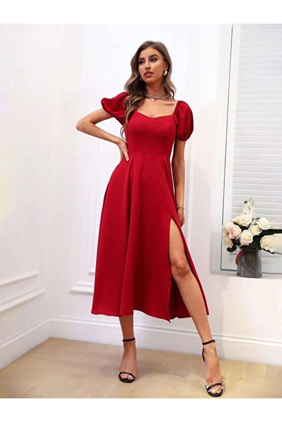Mottisfashion Kadın Kısa Kollu Kare Yakalı Yırtmaçlı Midi Janjan Krep Elbise
