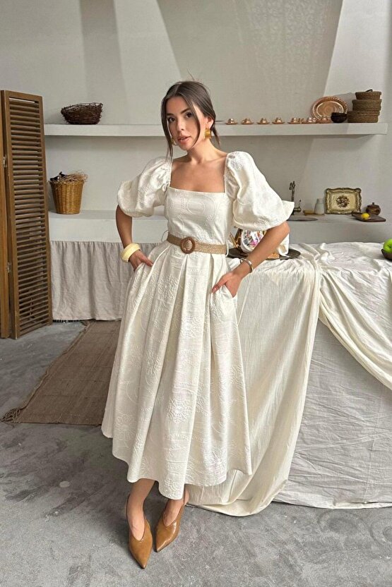 Moda Shop & Butik Bej Balon Kollu Brode Elbise