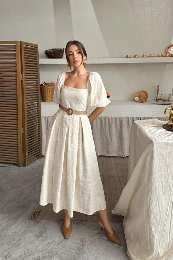 Moda Shop & Butik Bej Balon Kollu Brode Elbise
