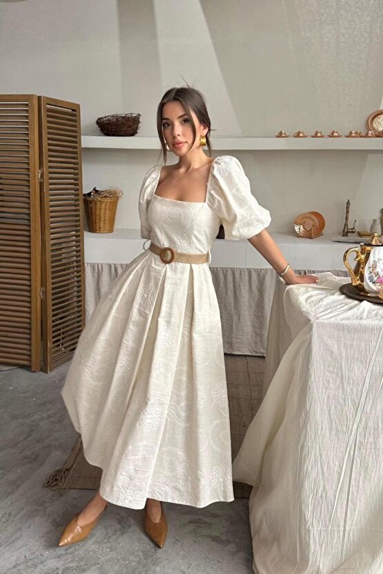 Moda Shop & Butik Bej Balon Kollu Brode Elbise