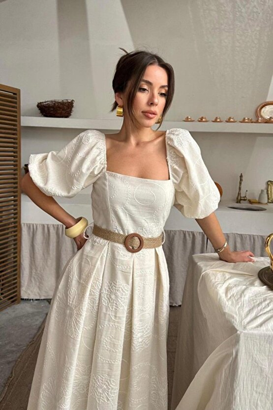 Moda Shop & Butik Bej Balon Kollu Brode Elbise