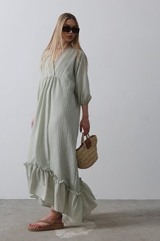 Moda Shop & Butik Çizgili Oversize V Yaka Elbise - Haki