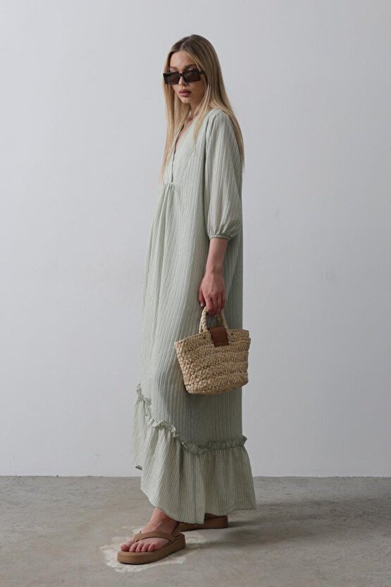 Moda Shop & Butik Çizgili Oversize V Yaka Elbise - Haki