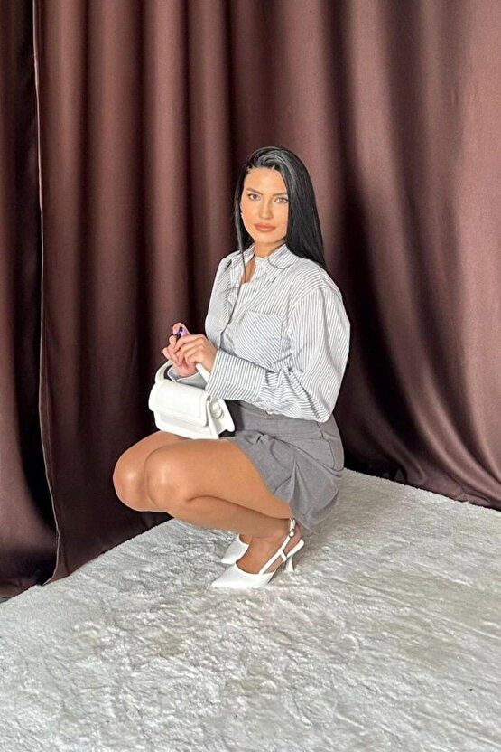 Mra Fashion Füme Düğme Detaylı Pileli Etek