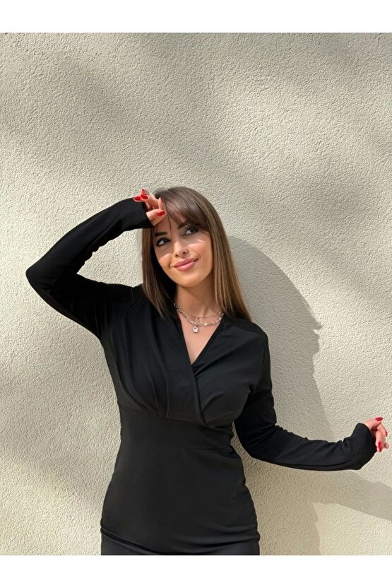 Kadın Uzun Kollu Kruvaze Yaka Krep Mini Boy Elbise