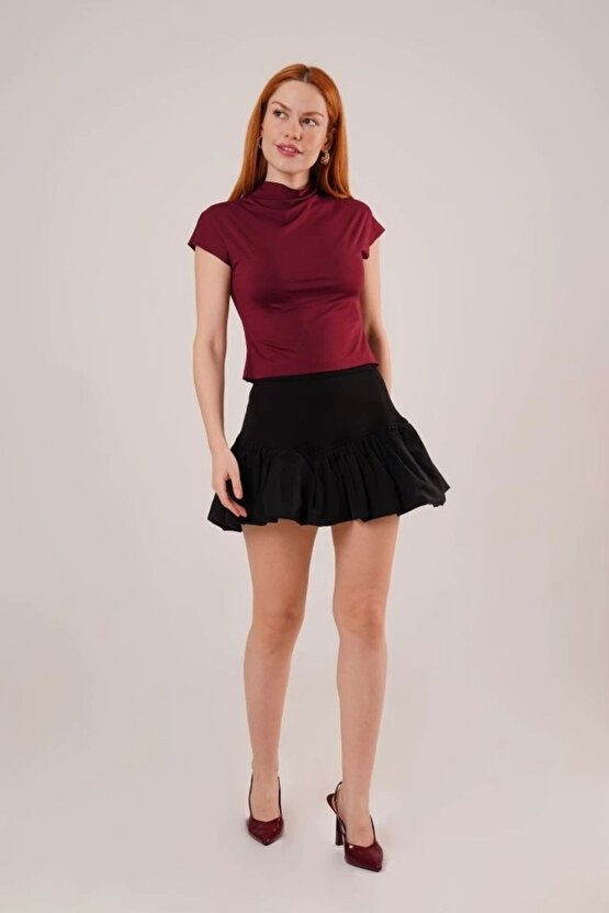 Boğazlı Parlak Kumaş Bordo Crop