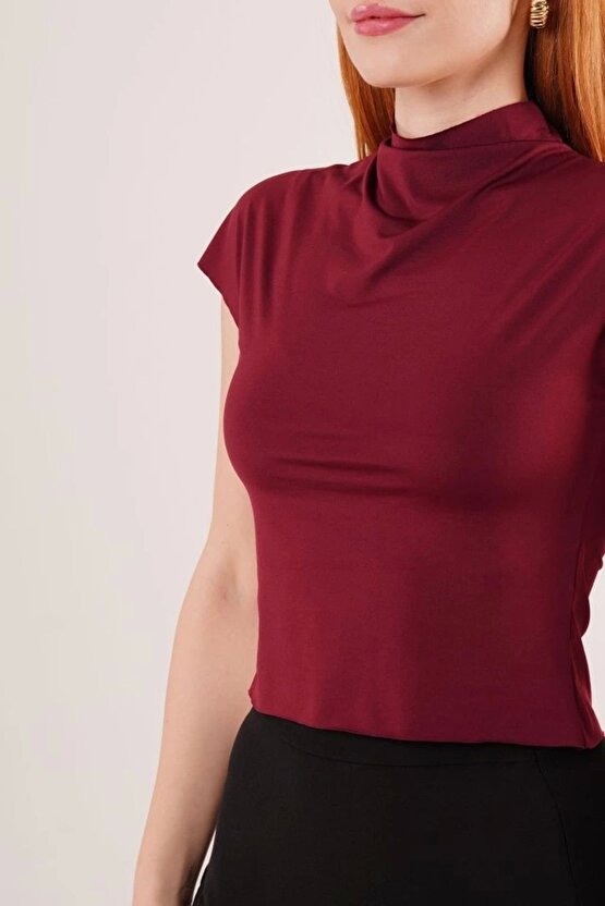 Boğazlı Parlak Kumaş Bordo Crop