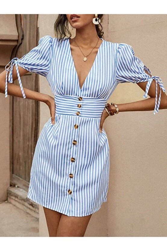 Moda Shop & Kadın Kısa Bağcıklı Kol Kruvaze Yaka Önden Düğmeli Kısa Poplin Elbise
