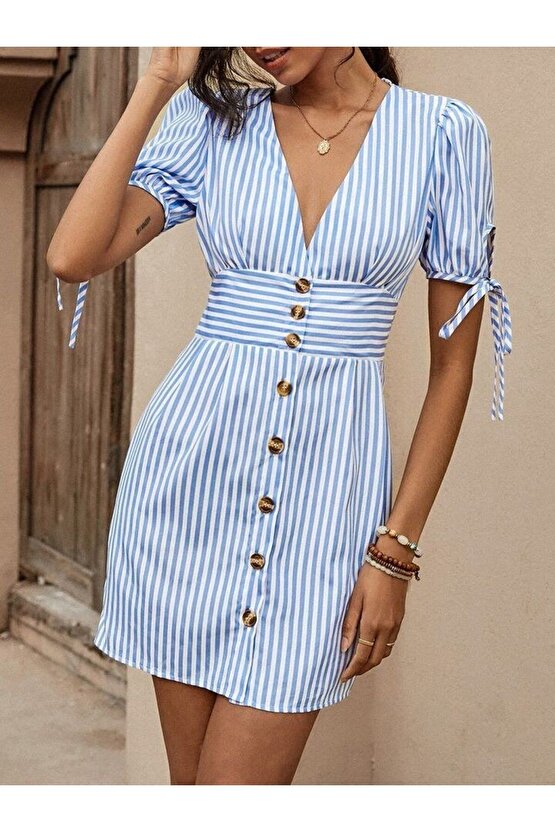 Moda Shop & Kadın Kısa Bağcıklı Kol Kruvaze Yaka Önden Düğmeli Kısa Poplin Elbise