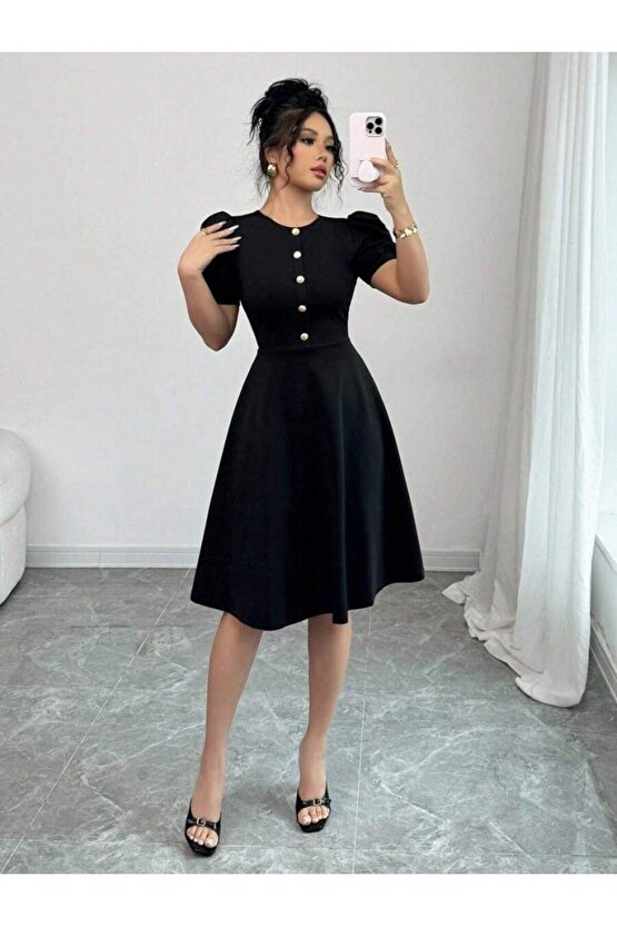 Moda Shop & Kadın Kısa Kollu Bisiklet Yaka Önden Düğmeli Ithal Krep Elbise