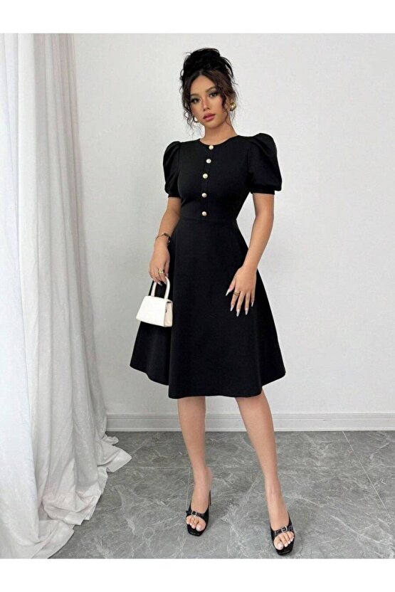 Moda Shop & Kadın Kısa Kollu Bisiklet Yaka Önden Düğmeli Ithal Krep Elbise
