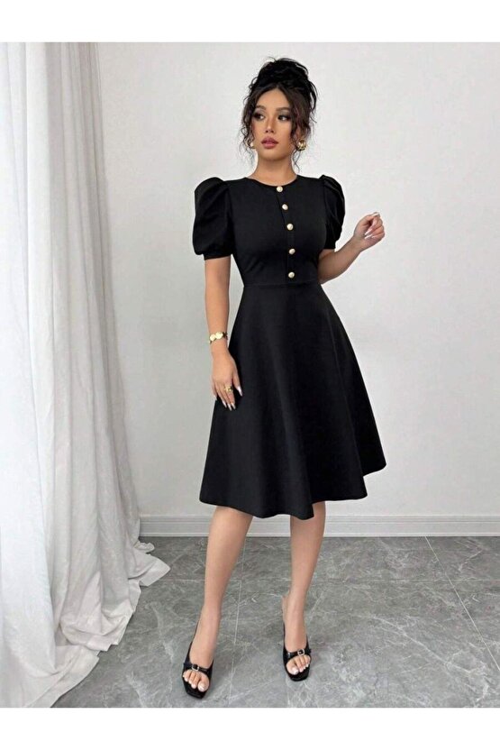 Moda Shop & Kadın Kısa Kollu Bisiklet Yaka Önden Düğmeli Ithal Krep Elbise