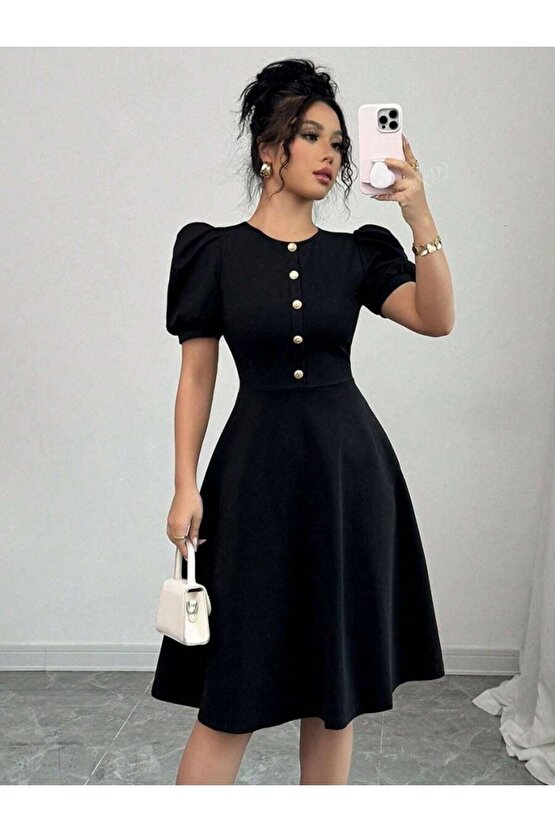 Moda Shop & Kadın Kısa Kollu Bisiklet Yaka Önden Düğmeli Ithal Krep Elbise