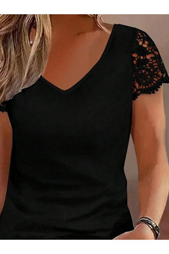 Moda Shop & Butik Kadın Kısa Kollu V Yakalı Dantel Detaylı Viskon Bluz