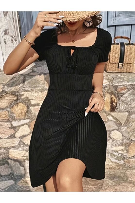 Kadın Kısa Kollu Kare Yakalı Bağcıklı Kaşkorse Elbise