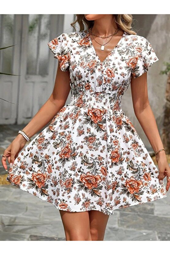 Moda Shop & Butik Kadın Kısa Kollu Kruvaze Yakalı Çiçek Desenli Süprem Elbise