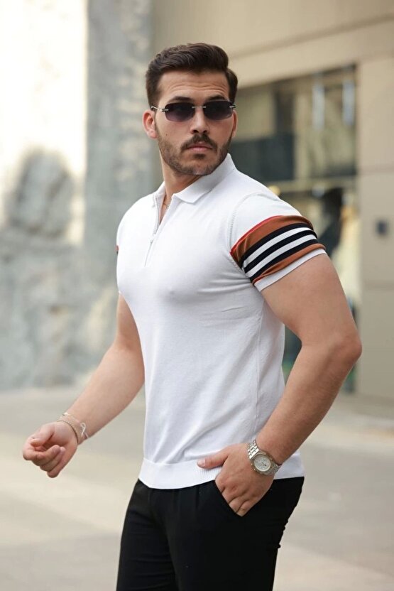 EQURİ Erkek Fermuar Yakalı Kolları Desenli Kısa Kollu Tişört