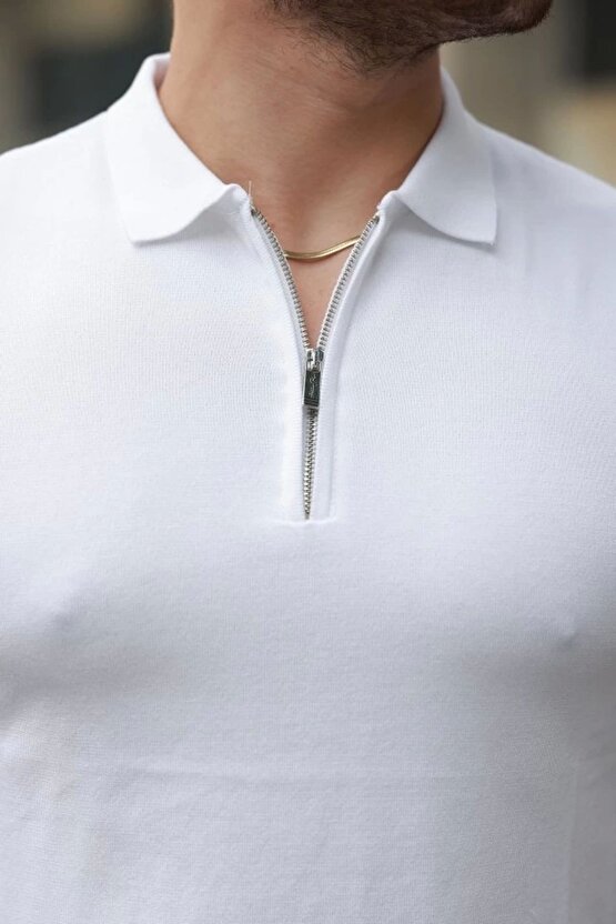 EQURİ Erkek Fermuar Yakalı Kolları Desenli Kısa Kollu Tişört