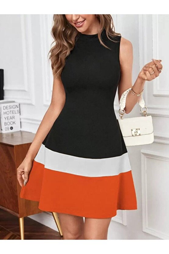 Moda Shop & Butik Kadın Sıfır Kol Yarı Balıkçı Yaka Şerit Detaylı Ithal Krep Elbise