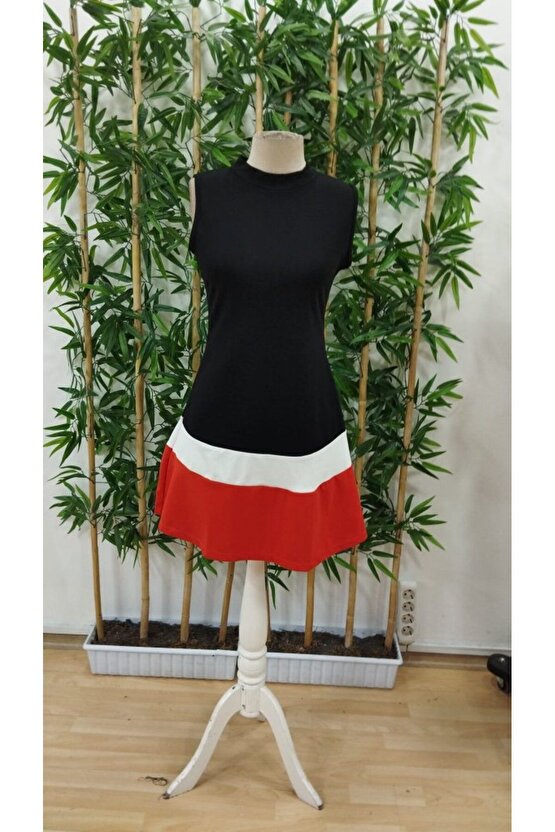 Moda Shop & Butik Kadın Sıfır Kol Yarı Balıkçı Yaka Şerit Detaylı Ithal Krep Elbise