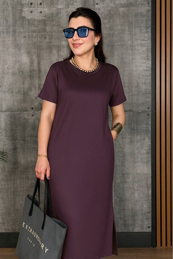 Moda Shop & Butik Kadın Kısa Kollu Bisiklet Yaka Yırtmaçlı Viskon Iki Iplik Elbise