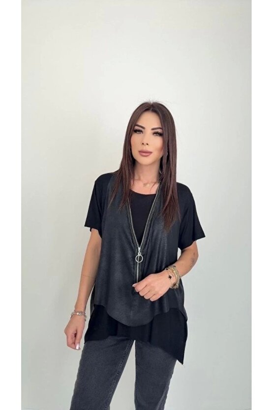Kadın Kısa Kollu Yuvarlak Yaka Viskon Bluz + Kolsuz Fermuarlı çatlak Deri Yelek