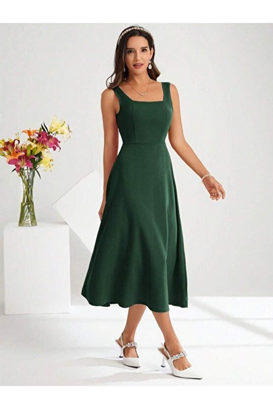 Moda Shop & Kadın Askılı Kare Yakalı Midi Ithal Krep Elbise