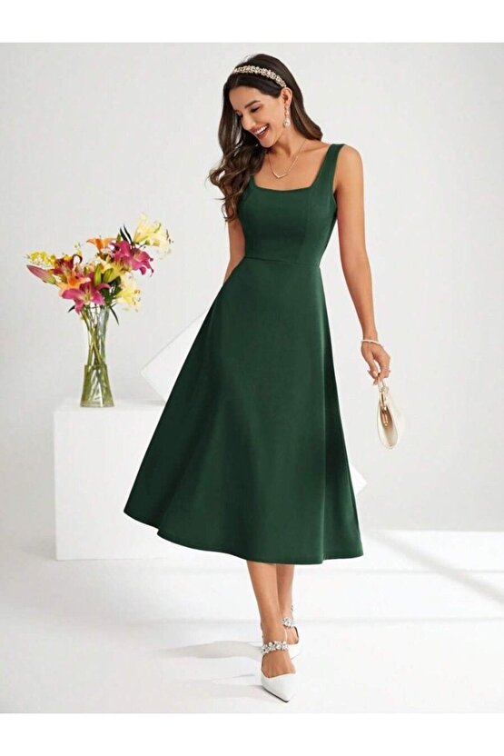 Moda Shop & Kadın Askılı Kare Yakalı Midi Ithal Krep Elbise
