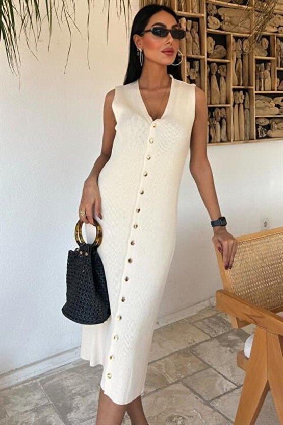 Mottisfashion Önü Düğmeli Fitilli Kolsuz Elbise 2832