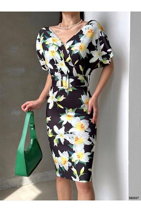 Moda Shop & Butik Kadın Dalgıç Kumaş V Yaka Çiçek Desenli Kuşaklı Kalem Elbise