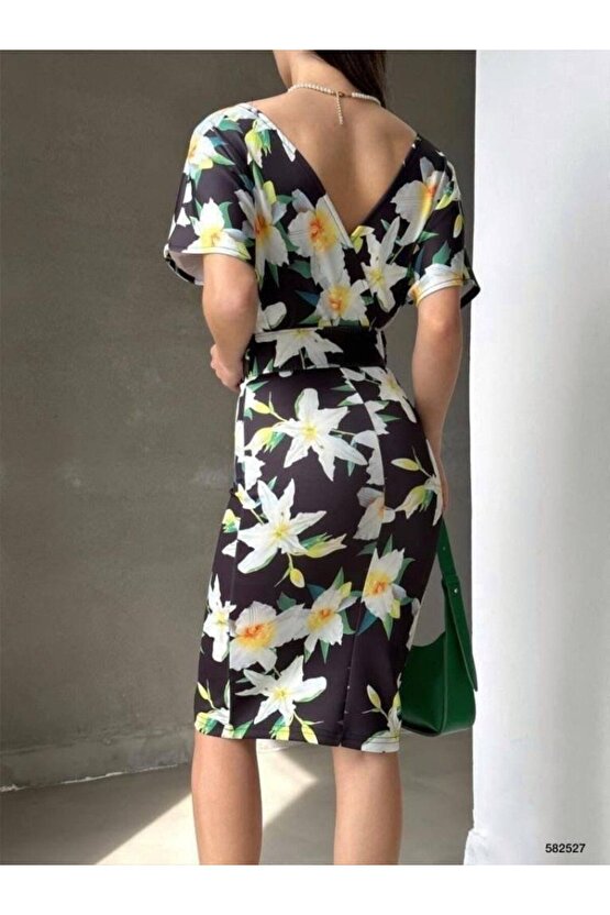 Moda Shop & Butik Kadın Dalgıç Kumaş V Yaka Çiçek Desenli Kuşaklı Kalem Elbise