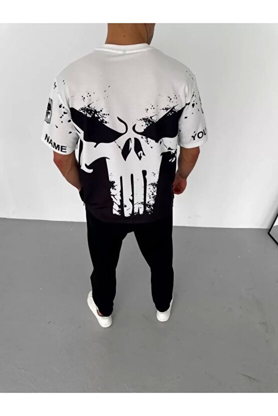 Unisex Bisiklet Yaka Baskılı Oversize T-Shirt - Beyaz