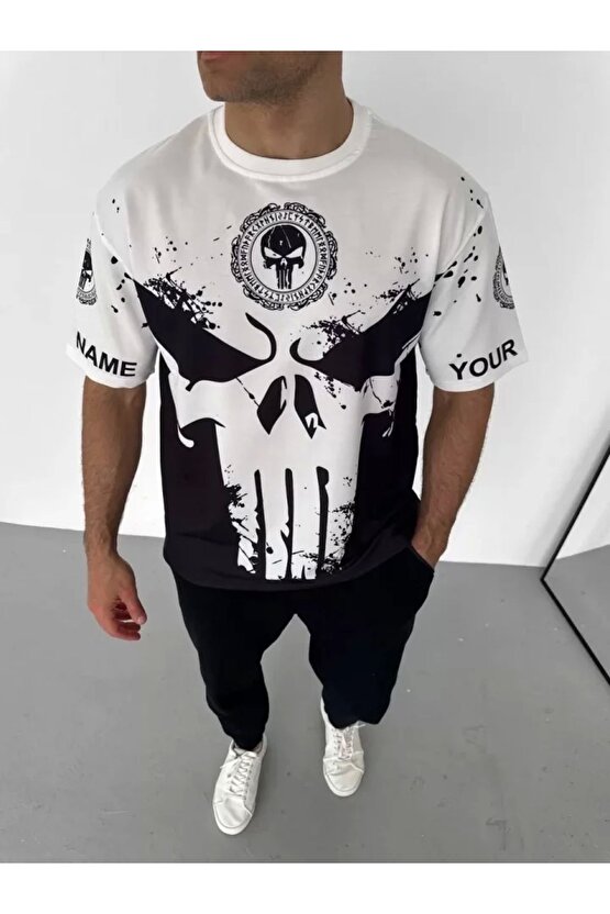 Unisex Bisiklet Yaka Baskılı Oversize T-Shirt - Beyaz