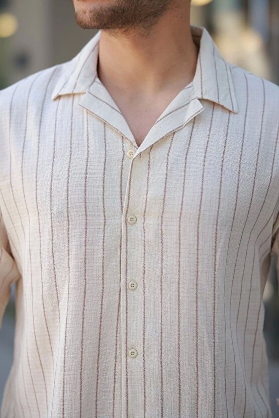 eyesof Erkek çizgili Keten Gömlek