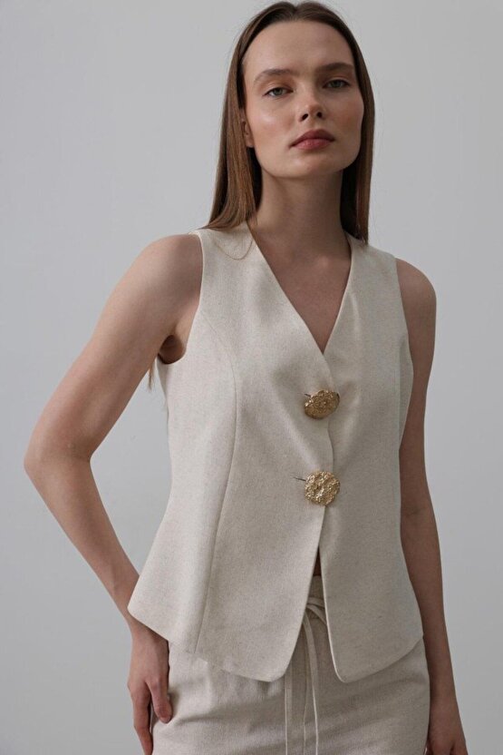 Moda Shop & Butik Düğme Detaylı Yelek - Krem
