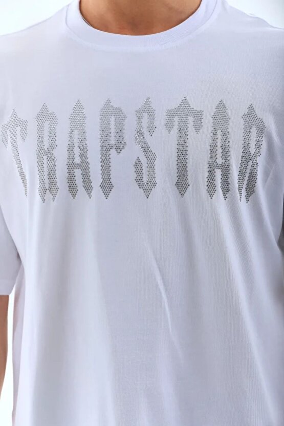 Moda Shop & Butik Unisex Oversize Taşlı Bisiklet Yaka T-shirt - Beyaz