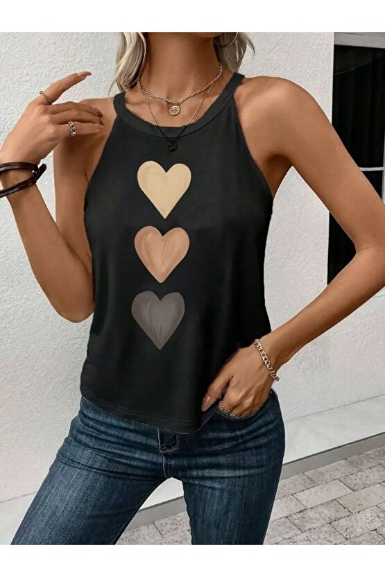 Moda Shop & Butik Kadın Omuzlardan Açık Boyundan Askılı Kalp Baskılı Viskon Bluz