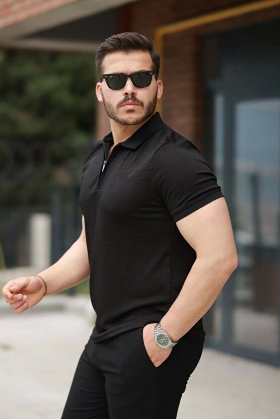 Erkek Fermuarlı Yaka Kısa Kollu Tişört