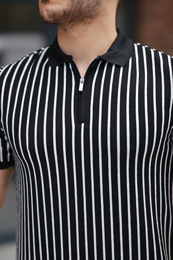eyesof Erkek çizgili Fermuar Yakalı Kısa Kollu Tişört