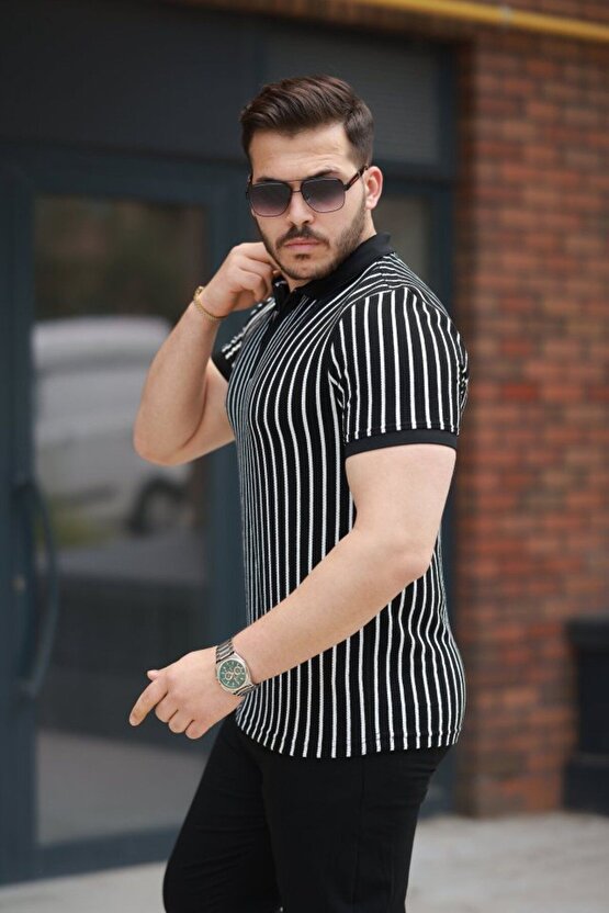 eyesof Erkek çizgili Fermuar Yakalı Kısa Kollu Tişört