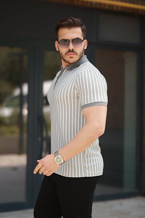 Moda Shop & Butik Erkek Çizgili Fermuar Yakalı Kısa Kollu Tişört