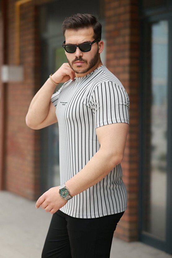 Moda Shop & Butik Erkek Dikey Çizgili Ottoman Kumaş Kısa Kollu Tişört