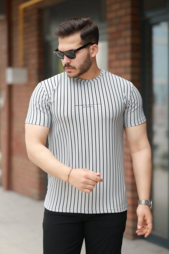 Moda Shop & Butik Erkek Dikey Çizgili Ottoman Kumaş Kısa Kollu Tişört