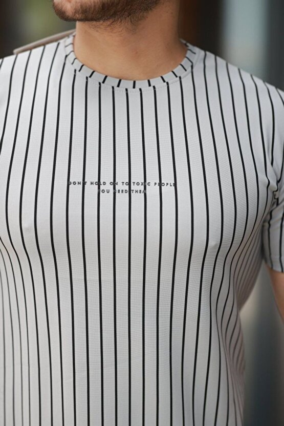Moda Shop & Butik Erkek Dikey Çizgili Ottoman Kumaş Kısa Kollu Tişört