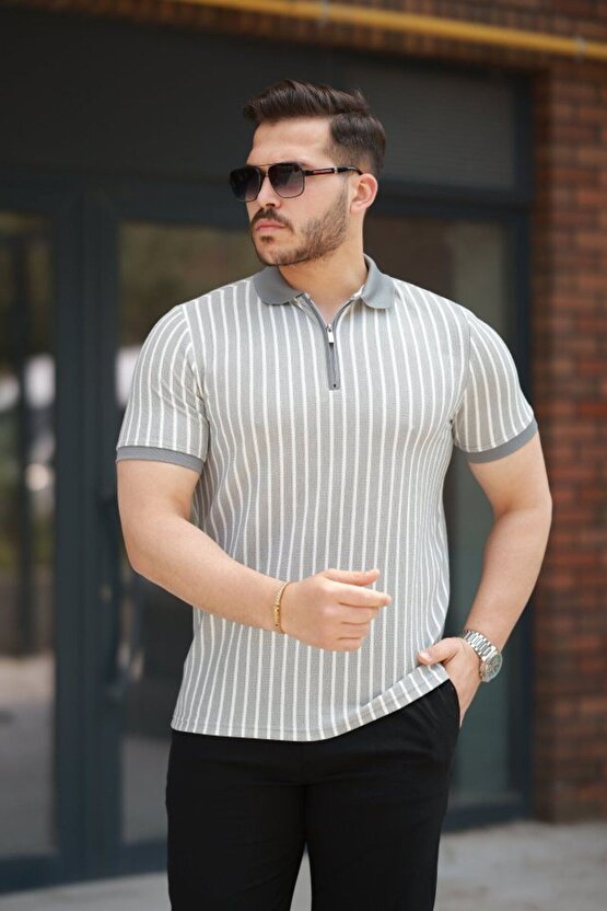 eyesof Erkek çizgili Fermuar Yakalı Kısa Kollu Tişört
