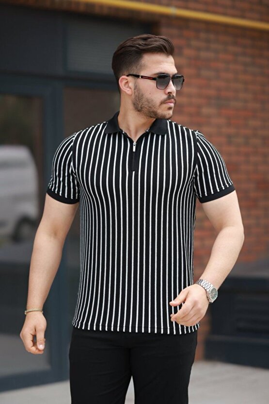 Moda Shop & Butik Erkek Çizgili Fermuar Yakalı Kısa Kollu Tişört