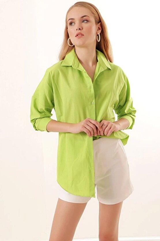 3900 Oversize Uzun Basic Gömlek - G.Yeşil
