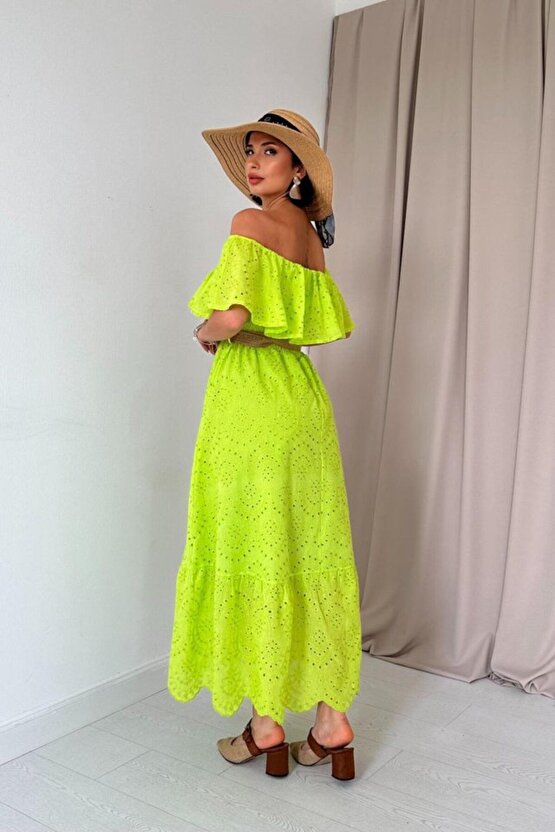 Moda Shop & Butik Yağ Yeşili Omzu Lastikli Brode Elbise