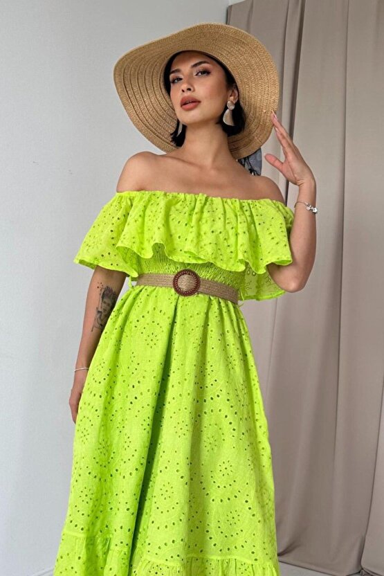 Moda Shop & Butik Yağ Yeşili Omzu Lastikli Brode Elbise