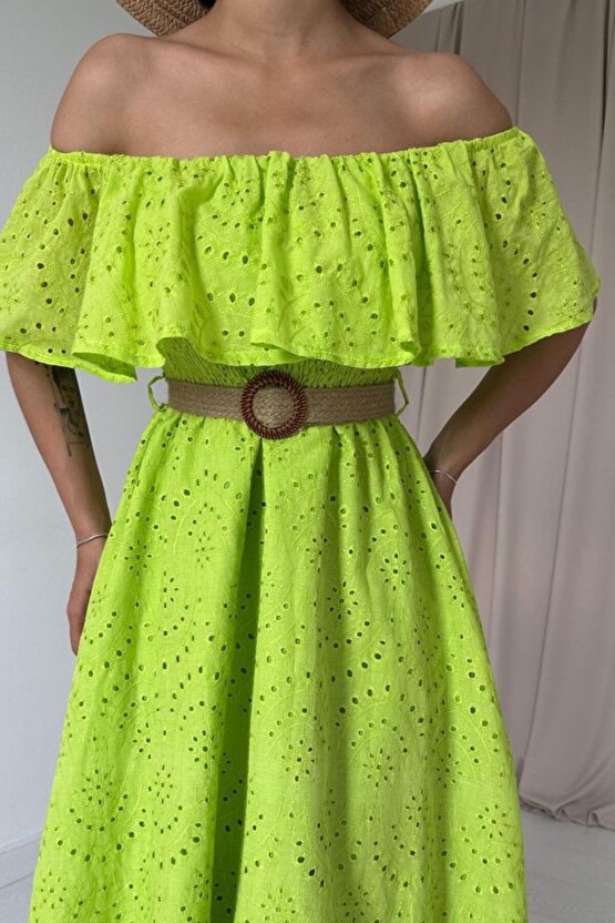 Moda Shop & Butik Yağ Yeşili Omzu Lastikli Brode Elbise